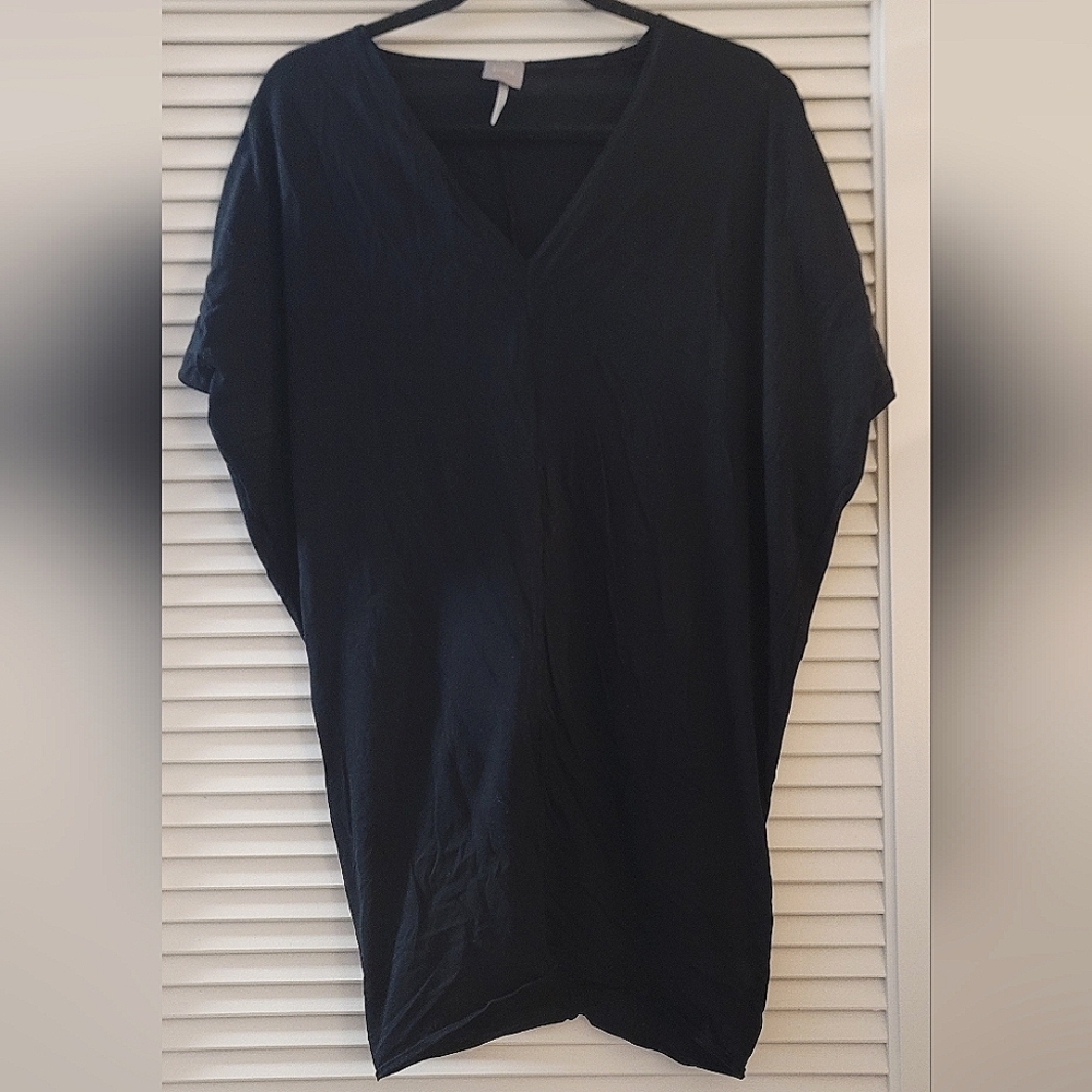 Bobi - Black 100% Cotton Tunic Short-Sleeve V-Neck Lightweight Top